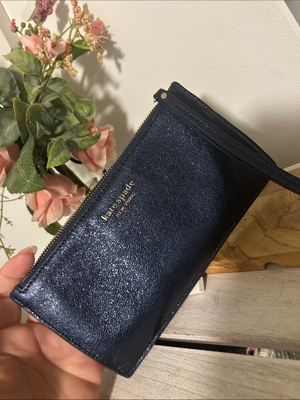 Kate Spade Metallic Navy Leather Wristlet